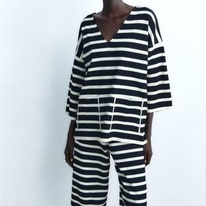 Zara Knit Set Black White Stripe V Neck Top/ sz XS Crop pull on Pants Sz S